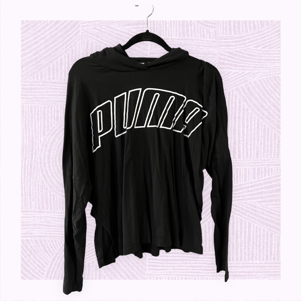 PUMA WOMEN BLACK Puma Logo White Relaxed Comfy Hoodie Sweatshirt Mesh Lining XL